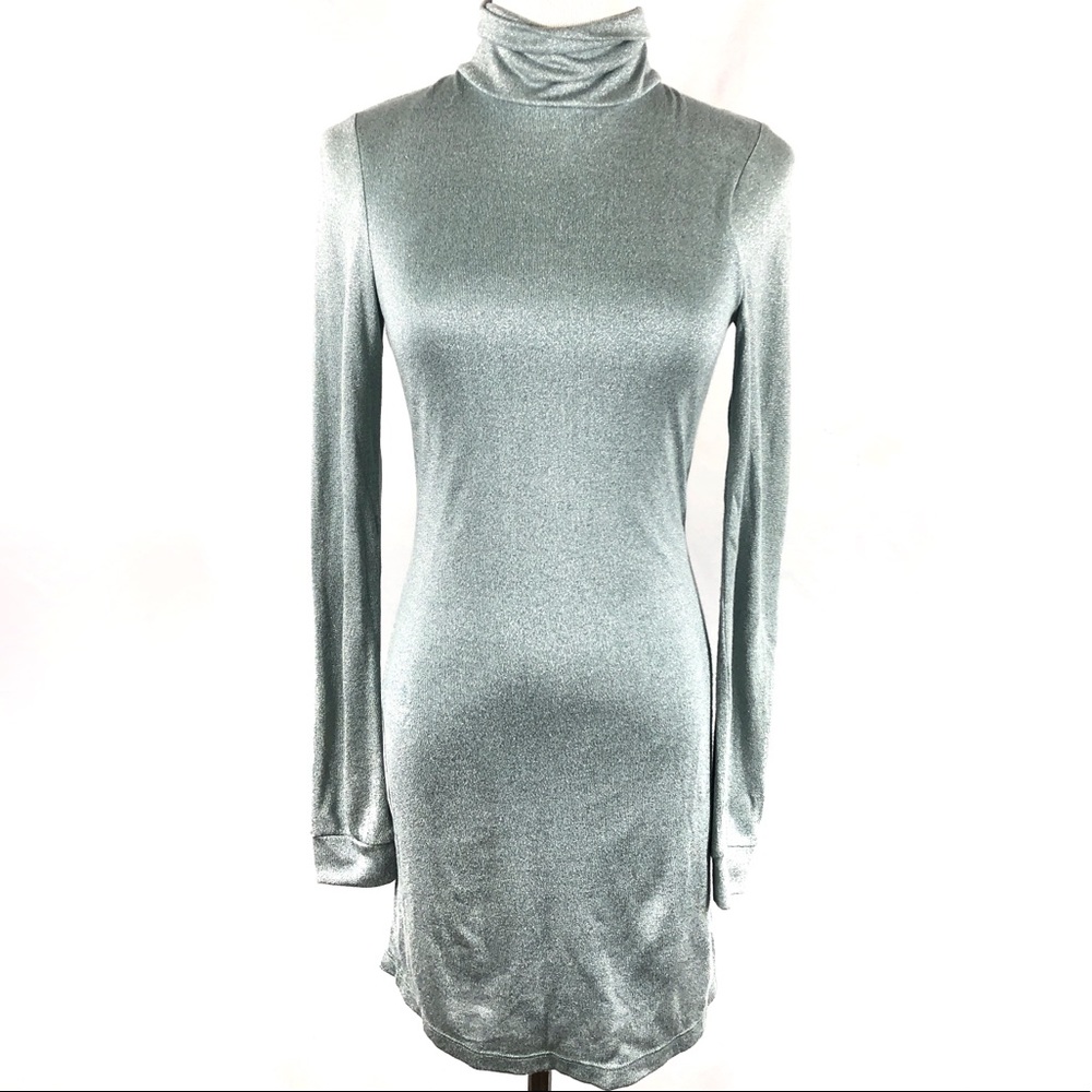 DuO Turtleneck Metallic Mint Open Back Mini Dress